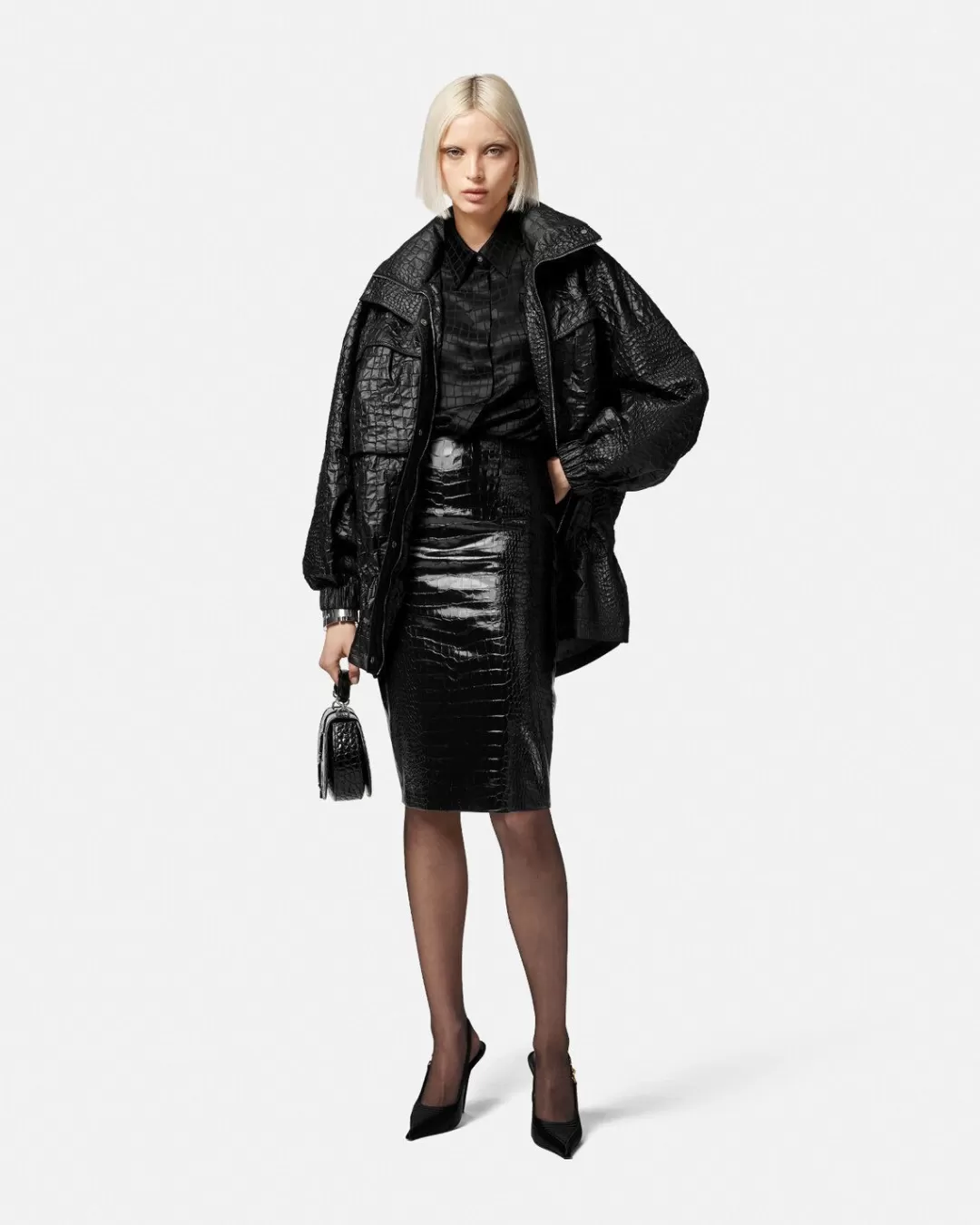 Croc-Effect Leather Mini Skirt*Versace Fashion