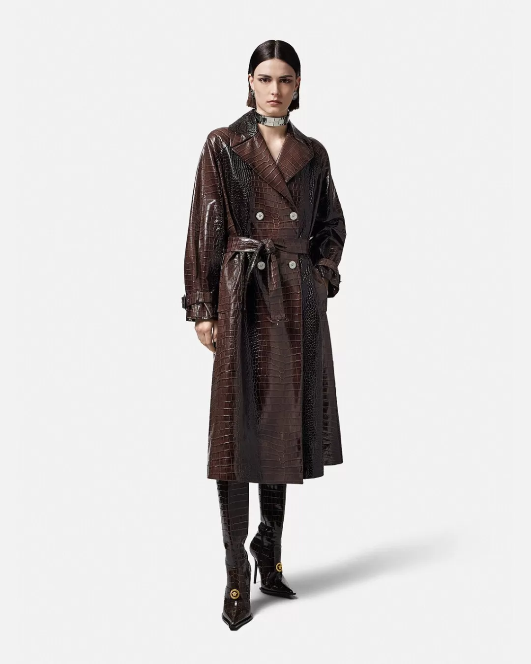 Croc-Effect Leather Trench Coat*Versace Fashion