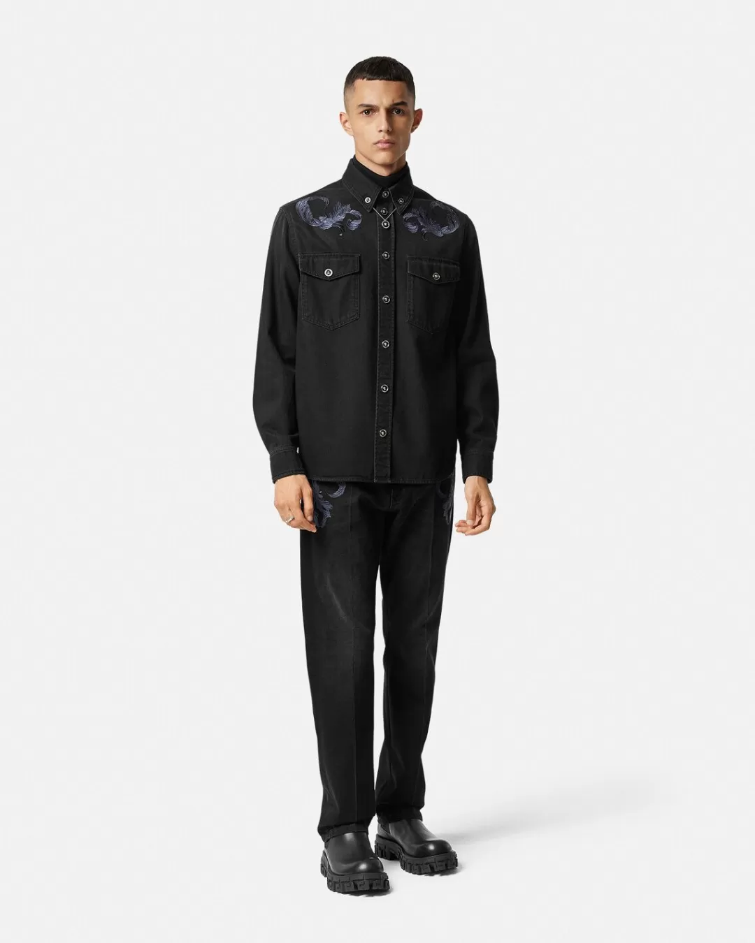 Embroidered Barocco Denim Overshirt*Versace Best